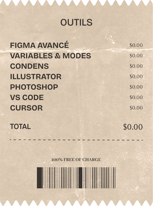Figma avancé, Variables & modes, FigJam, Condens, Illustrator, Photoshop, VS Code, Cursor