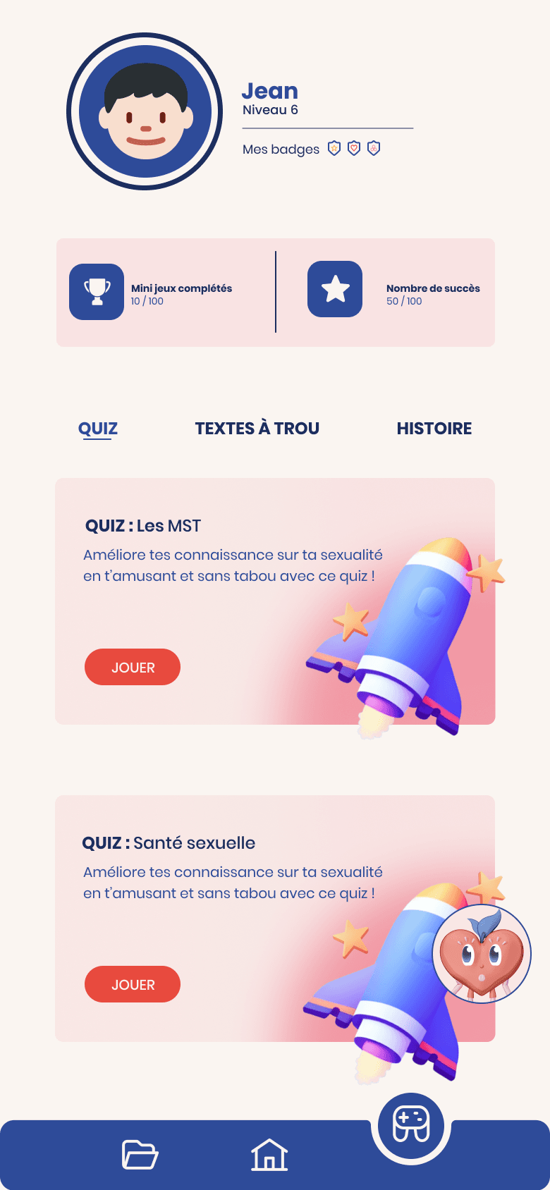 Mini-jeux et quiz interactifs de l'application Erios
